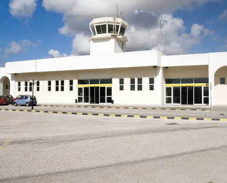 The terminal building and control tower of Milos Airport